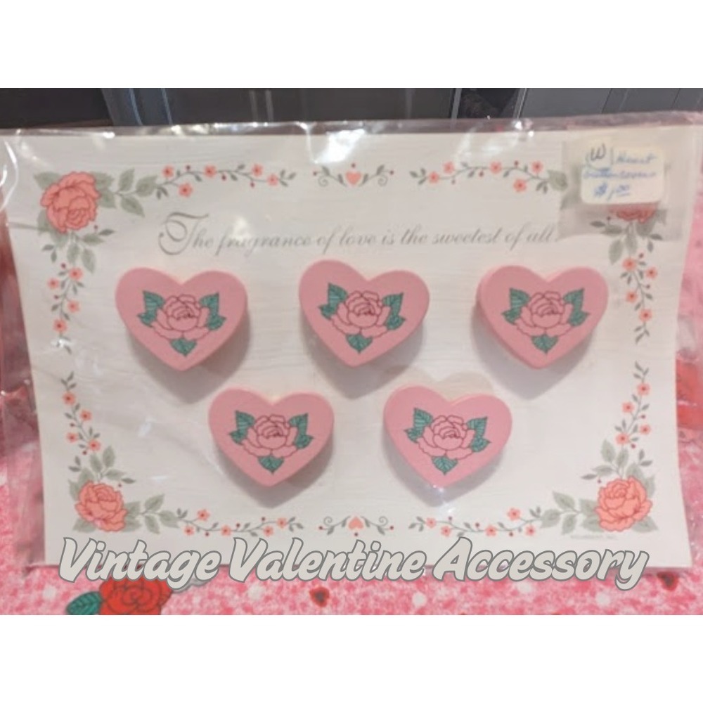Vintage Heart Button Covers Pink Rose Floral Set of 5 Valentine Cottagecore